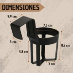 Soporte universal porta vasos colgante negro con dimensiones marcadas: 4,9 cm, 7,3 cm, 8,5 cm y 3 cm.