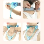 Corrector de posición de cuello azul transparente, ajustable, diseñado para aliviar tensión cervical.