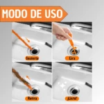Sonda naranja para destapar sifones, se inserta, gira, retira cabello y deja el desagüe limpio.