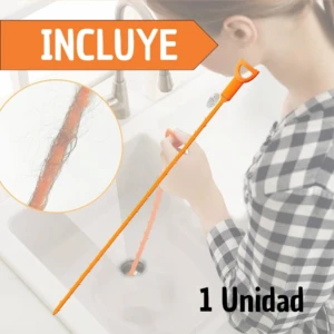Sonda destapa cañerías naranja con púas para sifones, mostrando acumulación de cabello y 1 unidad.