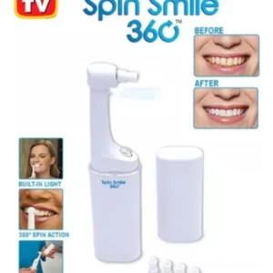 Pulidor dental eléctrico blanco Spin Smile 360° con estuche, boquillas y demostración de antes y después.