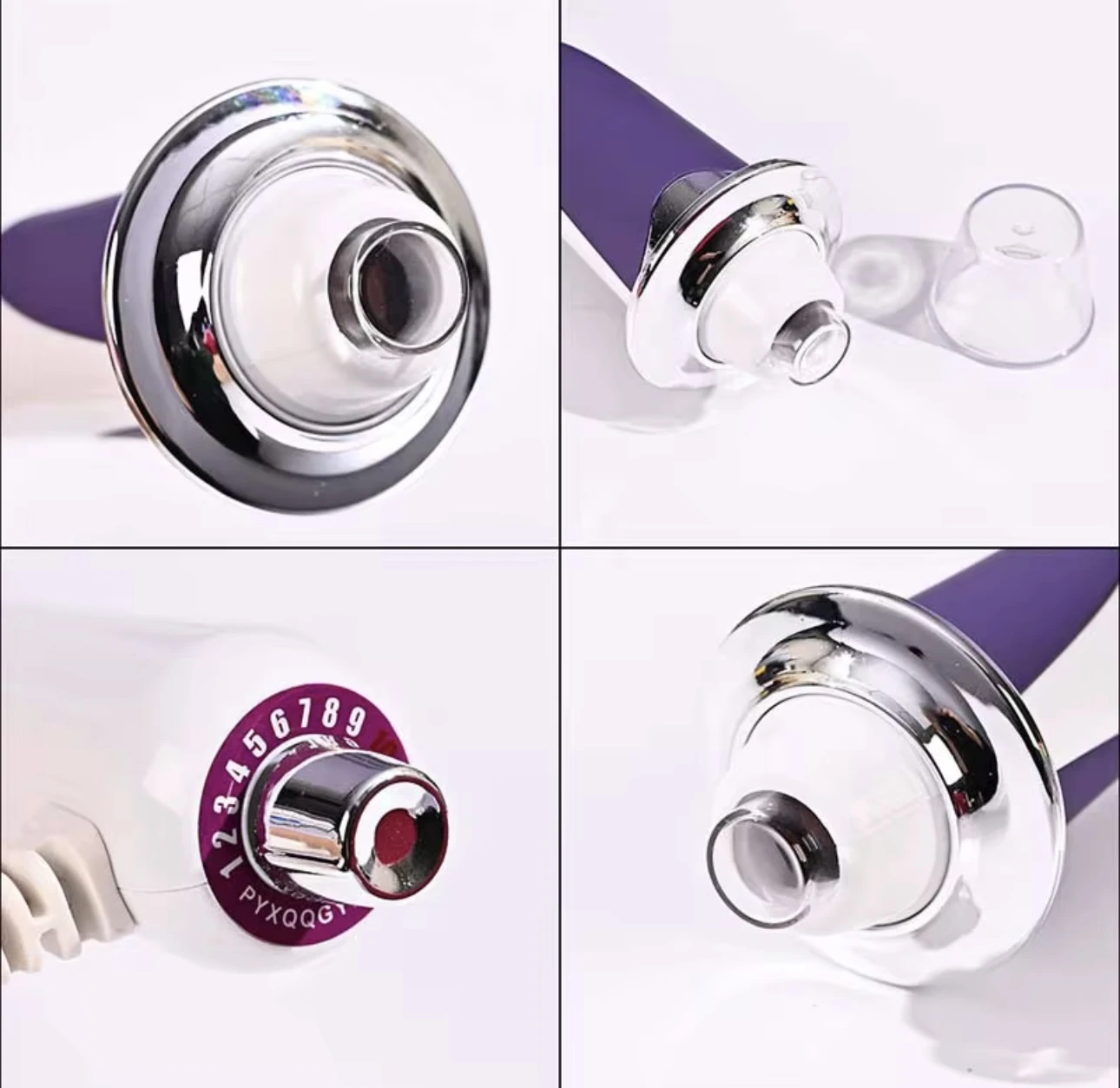 Derma Wand Pro: masajeador facial con control de intensidad numerado y boquilla aplicadora.