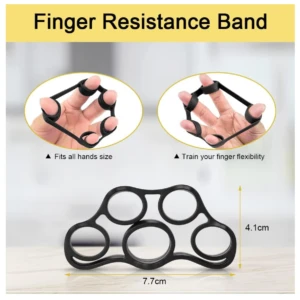 Fortalecedor de dedos negro de 7.7x4.1cm, incluye banda para ejercicio y accesorio de agarre.