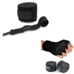 Vendas de boxeo negras 2.5m x 5cm para MMA y kickboxing, enrolladas y puestas en mano.
