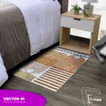 Tapete de entrada geométrico, tonos tierra y líneas naranjas, junto a cama y mesita de noche.