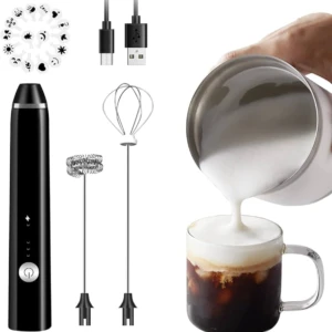 Espumadora y batidora V-25 negra, con dos accesorios, cable USB y plantilla para decorar café.