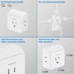 Extensor de enchufes cúbico blanco con 5 tomas, material ignífugo, medidas 2.71 x 2.71 x 1.22 pulgadas.