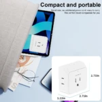 Adaptador de corriente blanco compacto PuiMax de 2.71x2.71x1.22 pulgadas, ideal para viajes, con múltiples tomas.