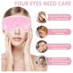 Antifaz de gel rosado para ojos, con burbujas, sobre mujer, promocionando cuidado ocular.