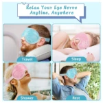 Set x2 antifaz gel relajante, uno azul para viaje y otro rosa para ducha, con texto "Relax Your Eye Nerve Anytime, Anywhere".