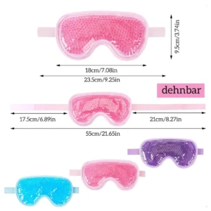 Set x2 antifaz gel relajante frío/calor, uno rosa y otro morado con medidas.