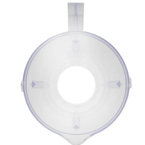 Vaso plástico transparente para licuadora, vista superior con asa y pico vertedor.