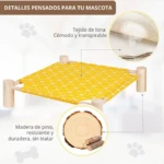 Hamaca para mascotas amarilla con patrón geométrico, estructura de madera de pino, tejido de lona transpirable.