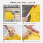Instrucciones paso a paso para armar hamaca portátil de madera para mascotas, con piezas de madera y tela amarilla.
