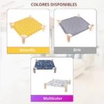 Hamaca portátil de madera para mascotas en colores amarillo, gris y multicolor con estampados de gatos y flores.