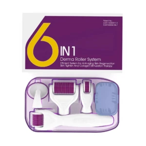 Kit derma roller 6 en 1 con rodillos morados para regeneración de piel y estimulación de colágeno.