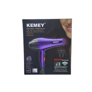 Secador de pelo profesional Kemey morado, 3500W, con accesorios: difusor, peine y boquilla.