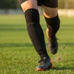 Canilleras de fútbol licradas negras con almohadillas hexagonales en las rodillas, vistas de cerca en césped verde.