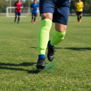 Canilleras de fútbol licradas profesionales color verde neón con almohadilla hexagonal y calcetín azul, usadas por futbolista en campo.