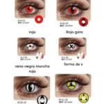 Lentes de contacto para ojos, varios diseños: rojo, ojo de gato rojo, vena roja, "X", ojo de gato blanco y negro, y amarillo.