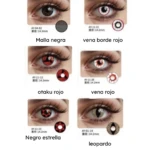 Lentes de contacto cosméticos de 6 diseños diferentes: malla negra, vena borde rojo, otaku rojo, vena rojo, negro estrella y leopardo.
