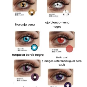 Lentes de contacto cosméticos en tonos naranja, blanco con negro, turquesa con borde negro, rojo, morado de gato y morado estilo otaku.