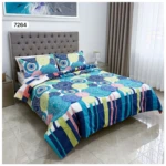 Cubrelecho doble faz para cama doble con estampado geométrico y círculos en tonos azules, verdes y rosas.