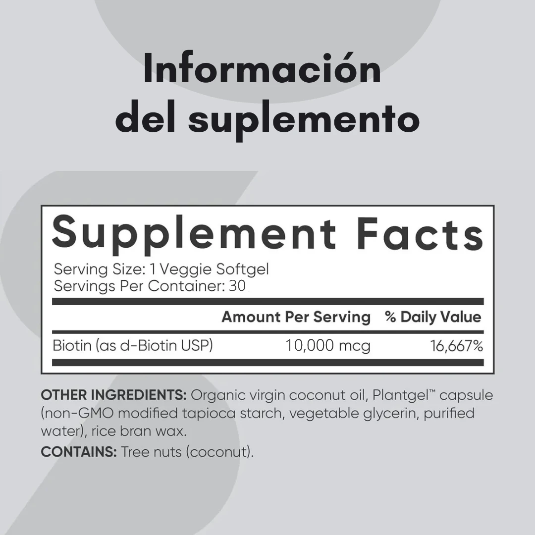 Información de suplemento de biotina Sports Research, 10,000 mcg por porción, 30 cápsulas vegetales.