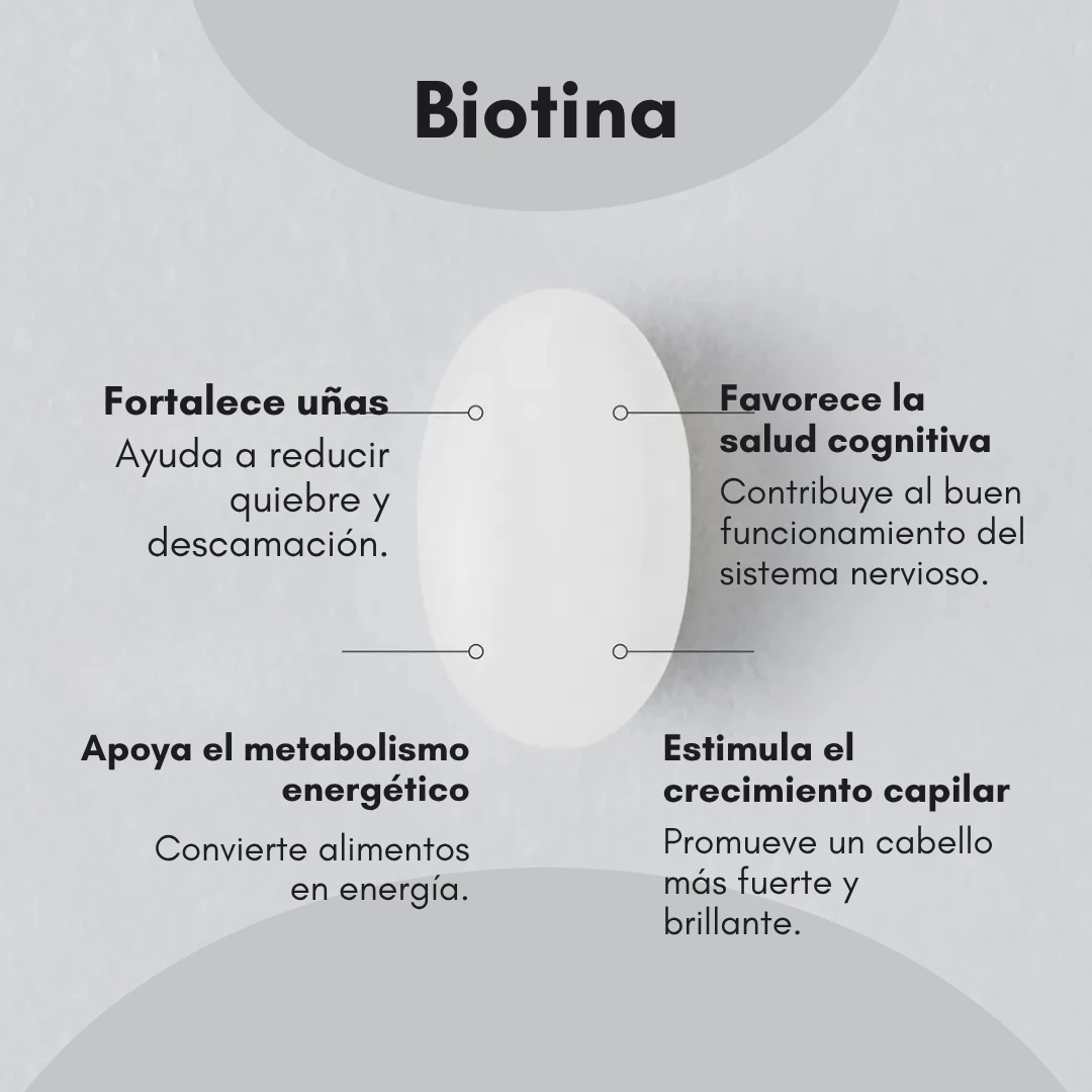 Suplemento de Biotina Sports Research: fortalece uñas, apoya metabolismo energético y crecimiento capilar.