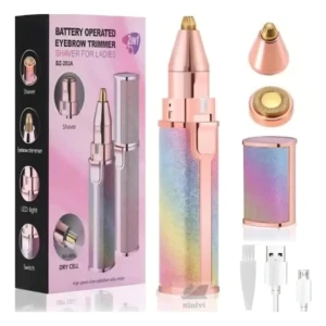 Depilador facial 2 en 1 con diseño degradado arcoíris, incluye accesorios y cable USB.