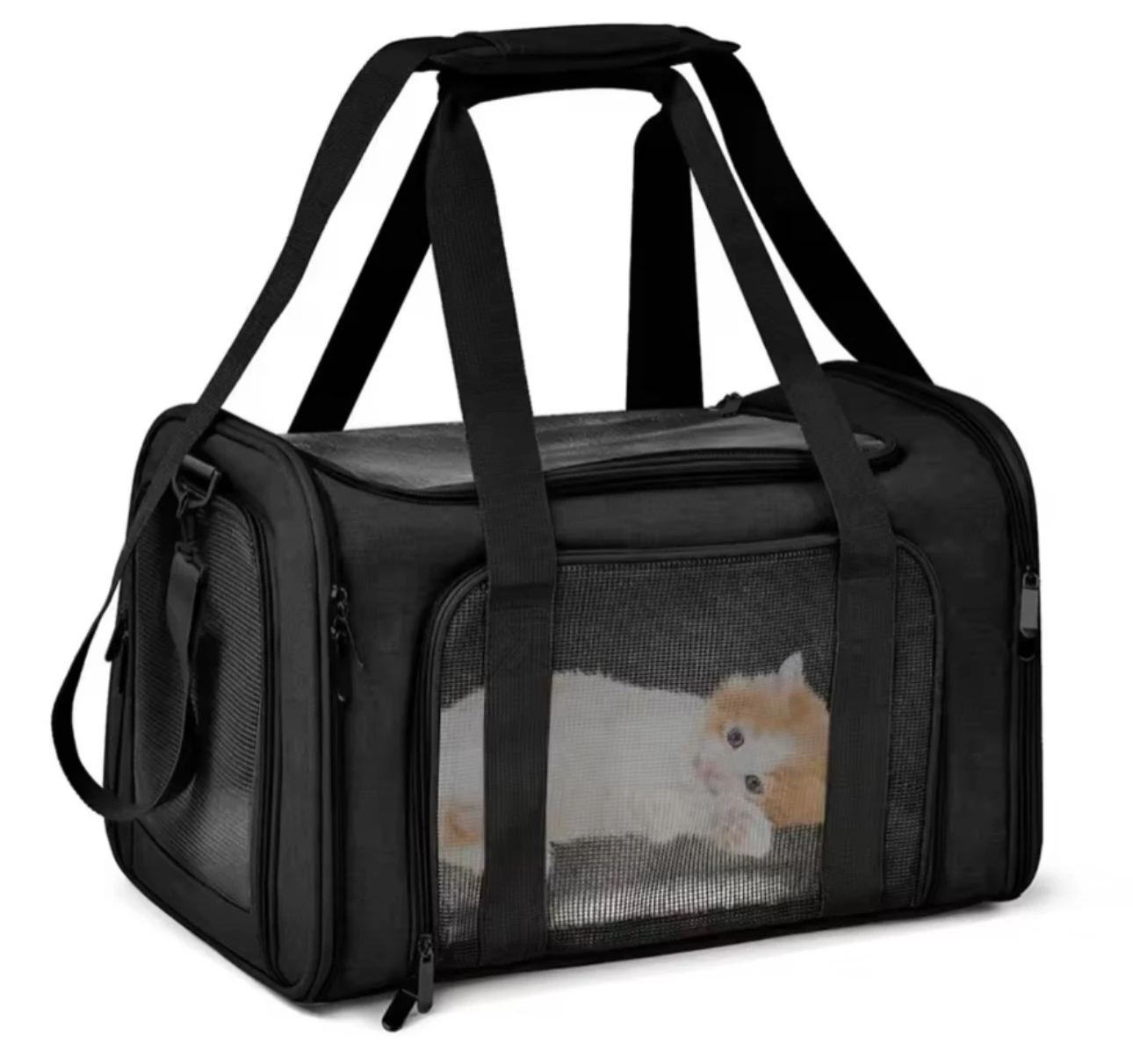 Maleta transportadora plegable para mascotas, negra, con ventana de malla y gatito naranja y blanco dentro.