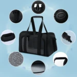 Maleta transportadora plegable negra para mascotas con ventanas laterales, asas y detalles en tela.