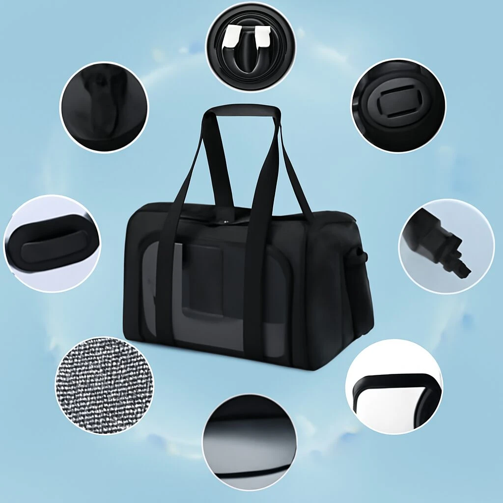 Maleta transportadora plegable negra para mascotas con ventanas laterales, asas y detalles en tela.
