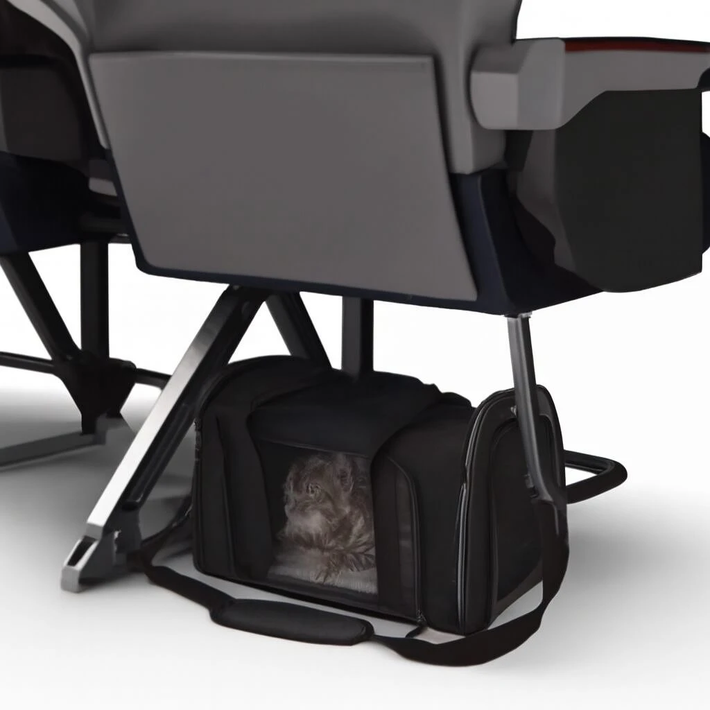 Maleta transportadora plegable negra para mascotas, ubicada bajo asiento de avión, con un perro en su interior.