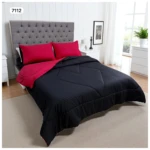 Edredón doble faz para cama doble, negro con rayas finas y acentos en rojo vibrante, incluye dos fundas para almohada.