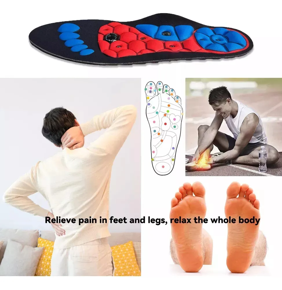 Plantillas de acu-presión con puntos magnéticos rojas y azules para aliviar dolor de pies y espalda.