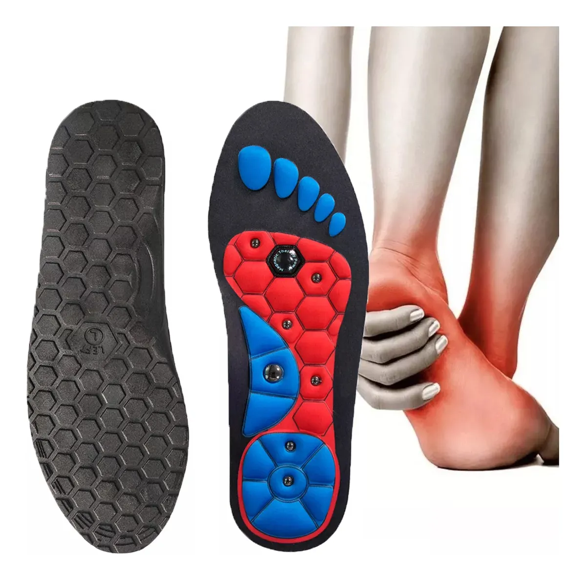 Plantillas magnéticas de acu presión con diseño hexagonal en la suela y relieve para alivio de pies.