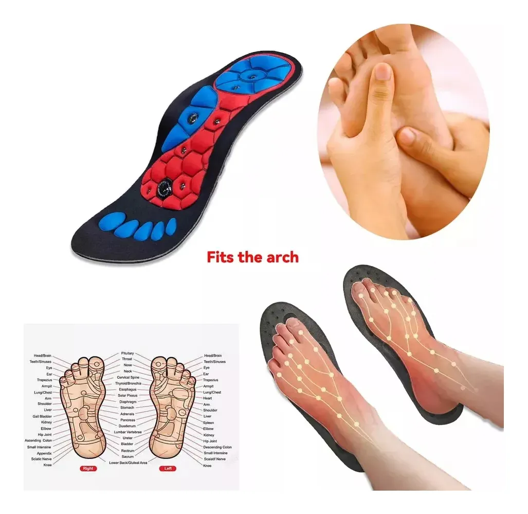 Plantillas magnéticas de acu-presión para soporte de arco con zonas de masaje y diagrama de reflexología podal.
