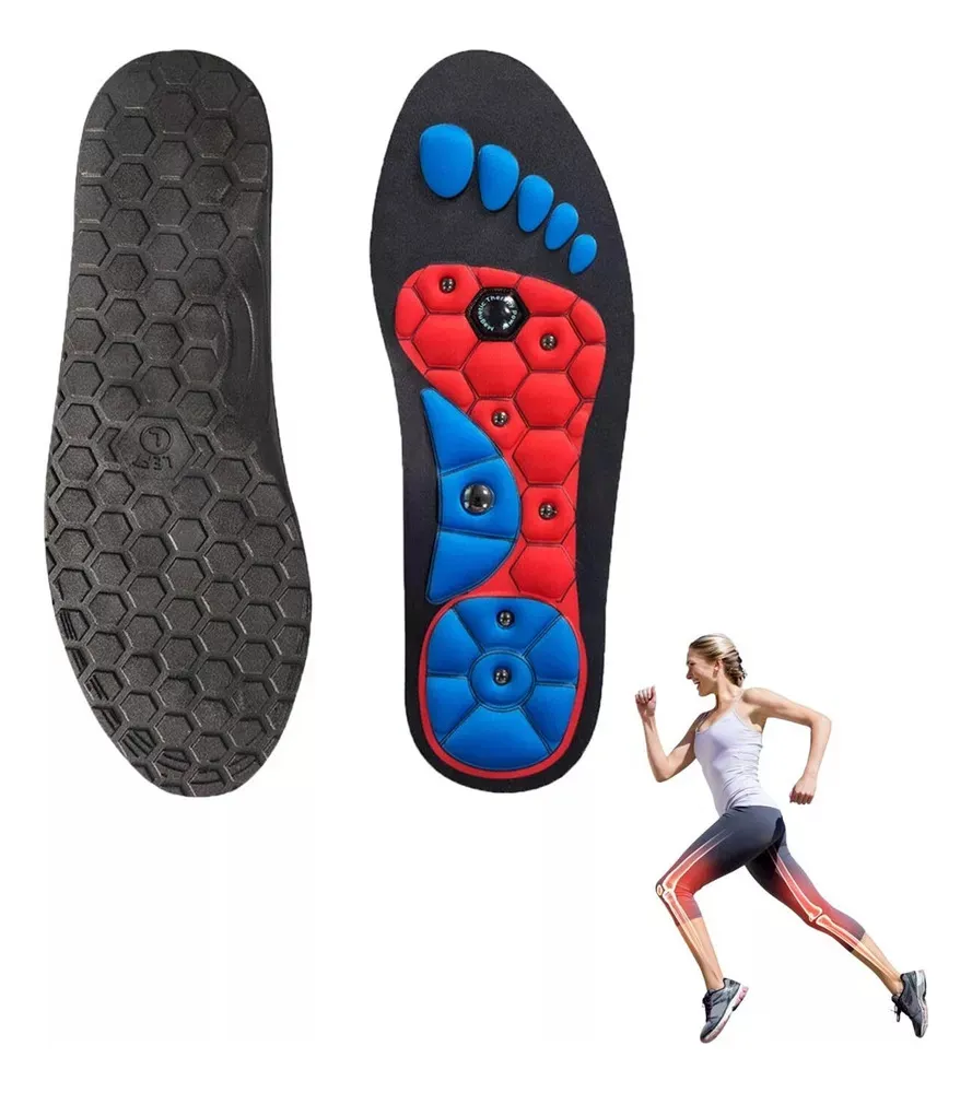 Plantillas magnéticas para calzado deportivo con diseño de acu-presión, rojas y azules, exhibidas junto a corredor con articulaciones resaltadas.