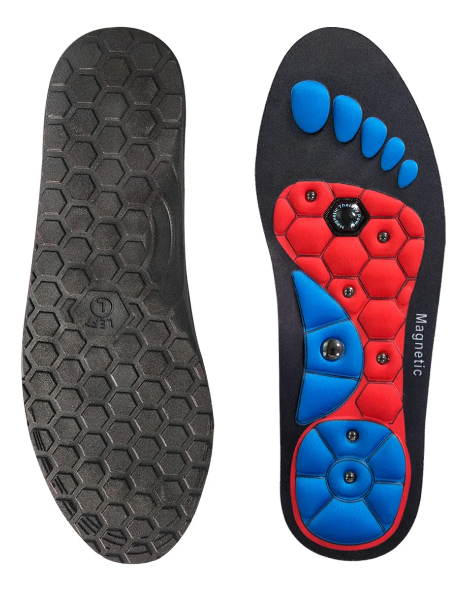 Plantillas magnéticas de acupresión con diseño hexagonal y almohadillas de alivio para pies.