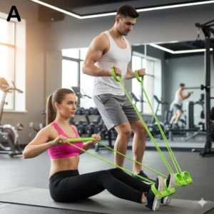 Entrenador elástico verde para ejercicios de remo en gimnasio con pareja haciendo ejercicio.