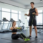Hombre y mujer entrenando con bandas elásticas verdes en un gimnasio con cintas de correr y bicicletas estáticas.