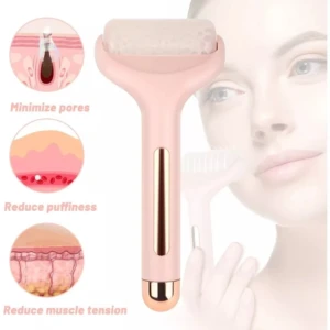 Pink ice roller facial con cepillo, ideal para minimizar poros, reducir hinchazón y tensión muscular.