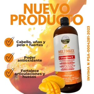 Colágeno hidrolizado Multimaxx sabor mango 1000ml. Fortalece piel, cabello, uñas y articulaciones.