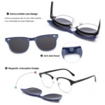 Gafas 5 en 1 magnéticas polarizadas: clip-on desmontable azul, montura negra con lentes transparentes.