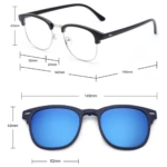 Gafas 5 en 1 Magnéticas Polarizadas, montura negra, lentes azules, 143mm ancho. Incluye armazón y clip-on.