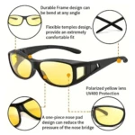 Gafas polarizadas amarillas con montura negra flexible, protección UV400, para uso día y noche.