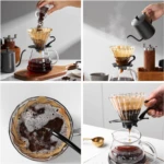 Set de preparación de café V60. Incluye cafetera de vidrio, filtro de papel y vertedor.