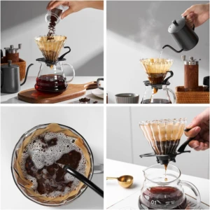 Set de preparación de café V60. Incluye cafetera de vidrio, filtro de papel y vertedor.