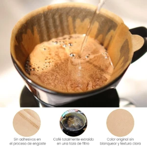 Filtro para cafetera V60 #2 en proceso de preparación de café con agua caliente, color natural.